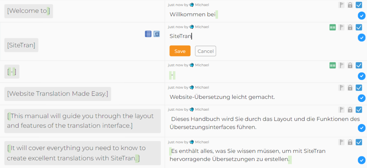 Screenshot of SiteTran's translation table English to German